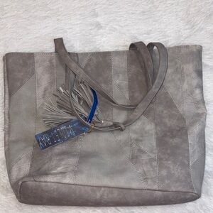 Violet Ray Gray Leather Tote Bag with Tassel